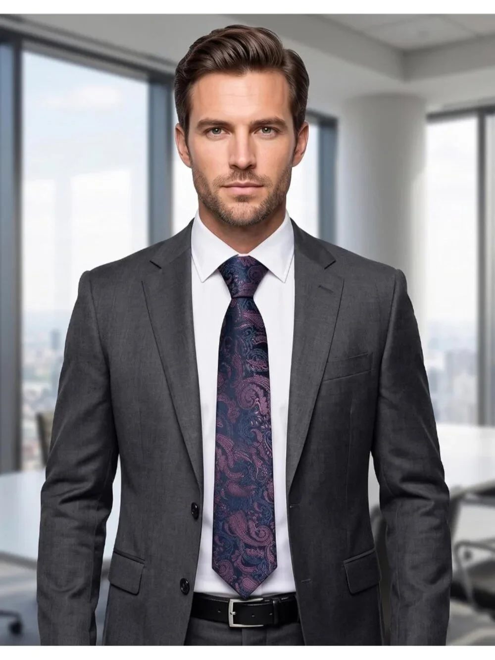 🆕Men's Gray & Pink 100%Microfiber Paisley Slim Formal Necktie For Wedding Dress